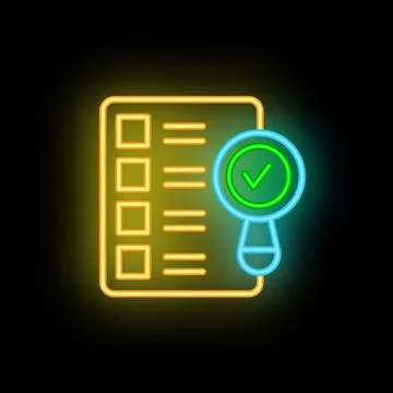 Neon magnifying glass validating checklist on black background 스톡 일러스트