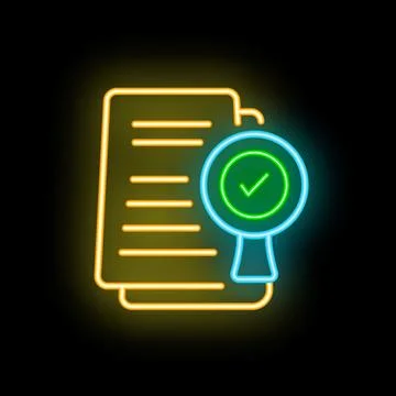 Neon magnifying glass validating documents for business approval Stock Illustration