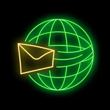 Neon mail envelop flying around the world representing global communication Stock Illustration