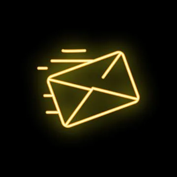 Neon mail envelope icon flying on black background Stock Illustration