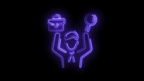 Neon man with briefcase and magnifying glass outline on black background Stock Footage 330773618
