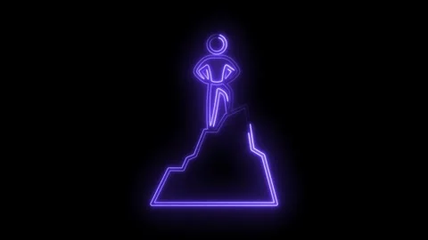Neon man conqueror standing on top of mountain peak against black background Stock Footage 312330552