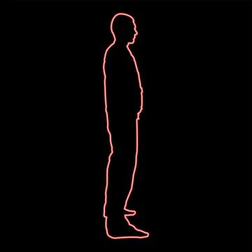 Neon man stands dressed in work clothes overalls and looks straight red col.. Stock Illustration