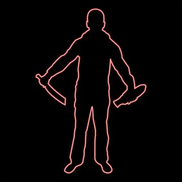 Neon man with sword machete remove sheath scabbard Cold weapons in hand mil.. Stock Illustration