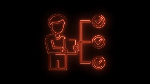 Neon man with tablet completing task list workflow management illustration .. Stock Footage 309911183
