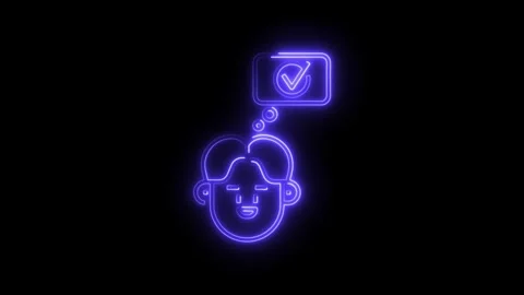 Neon man thinking with checkmark in thought bubble animation Stock Footage 308286468