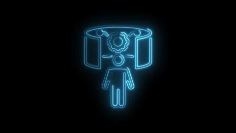 Neon man undergoing virtual reality experiencing machine learning with blue Stock Footage 322994253