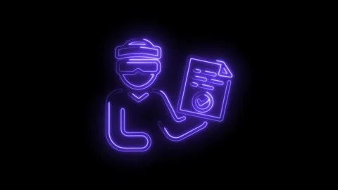 Neon man wearing vr glasses holding approved document on black background a.. Stock Footage 345985180