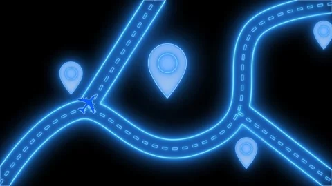 Neon map with glowing location pins animation on black background Stock Footage 329116369