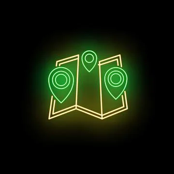 Neon map with glowing location pins marking travel destinations Stock-Illustration