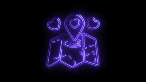 Neon map with heart location pin icon animation valentines day concept on black Stock Footage 330774121