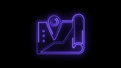 Neon map icon with location pointer on black background for navigation Video stock 322984711