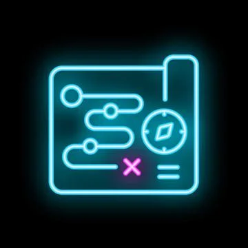 Neon map icon showing winding path and compass for navigation Stock Illustration