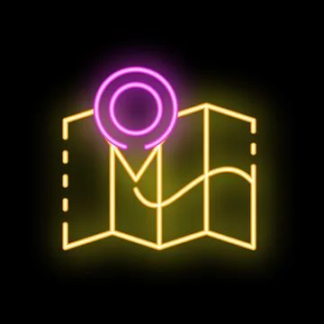 Neon map with location pin showing destination Illustrazione stock