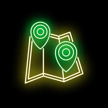 Neon map outline showing direction and location pins Stock Illustration