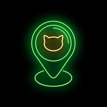Neon map pin marking cat location icon Stock Illustration