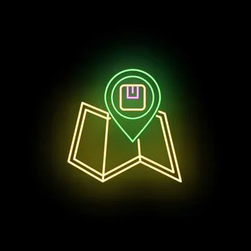 Neon map pin showing package delivery tracking concept Illustrazione stock