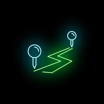 Neon map pins showing navigation route on dark background Illustrazione stock