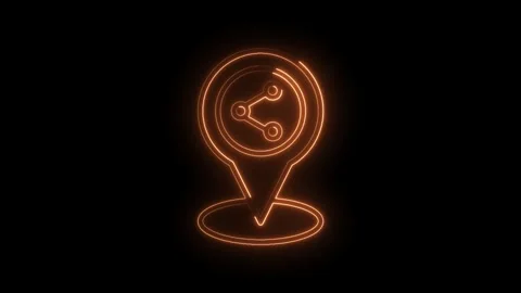 Neon map pointer with share icon glowing animation on dark background Video stock 312306524
