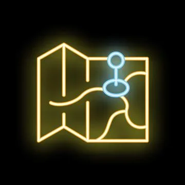 Neon map showing location with pin point on black background 스톡 일러스트