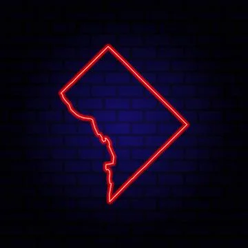 Neon map Washington DC on brick wall background. Illustrazione stock