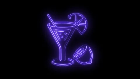 Neon martini glass with lemon slice and half fruit on black background illu.. Stock Footage 345991766