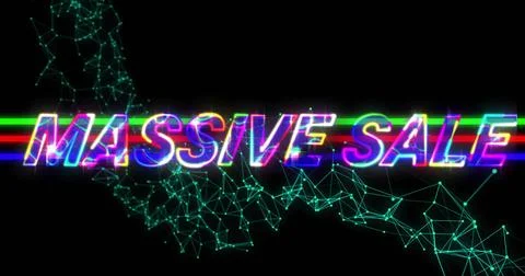 Neon MASSIVE SALE text glitching in cyber environment, with RGB glitch bars and Stock Illustration
