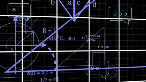 Neon math grid panning right after scan sweep, bubbles popping, counters 스톡 동영상 334338053