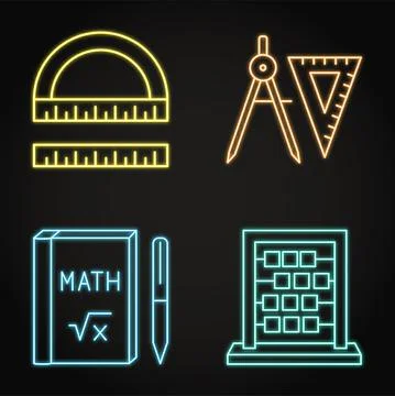 Neon math instruments icons set in line style Illustrazione stock