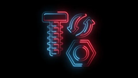 Neon mechanical components animation bolt nut and rotation arrows on black Stock Footage 322989130