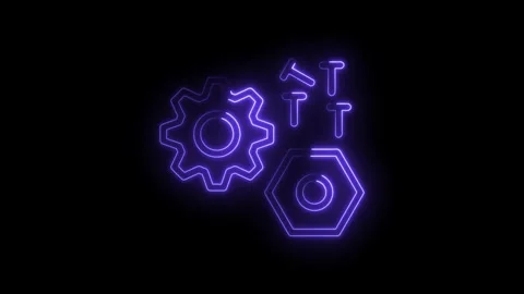 Neon mechanical components animation showing gear nut bolt and screwdriver Stock Footage 322985316