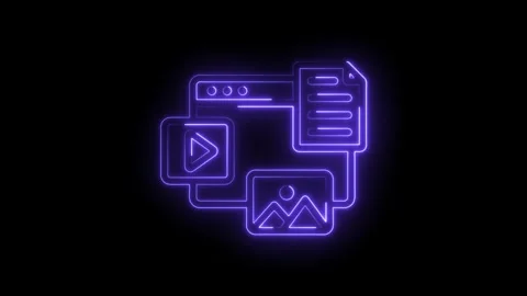 Neon media file icons with browser window video and image files website Stock Footage 346002794