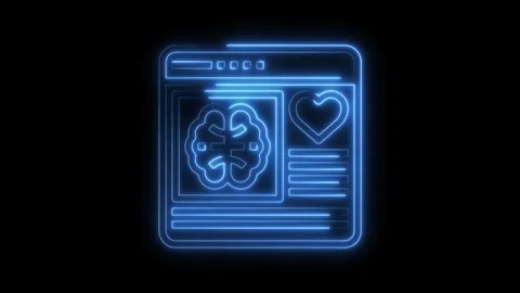 Neon medical website interface displaying brain and heart symbols on black Stock Footage 322971948