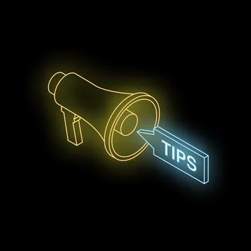 Neon megaphone announcing helpful tips on dark background Stock Illustration