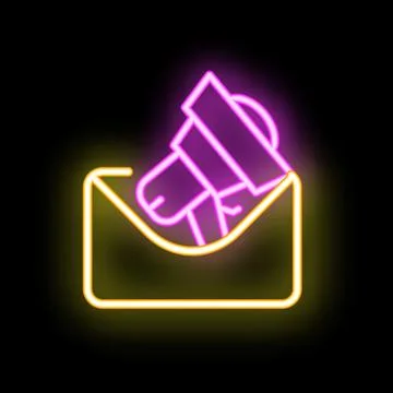 Neon megaphone announcing inside open yellow envelope on black background Stock Illustration