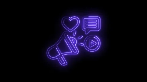 Neon megaphone heart chat bubble play button icons glowing purple on black Stock Footage 333959576