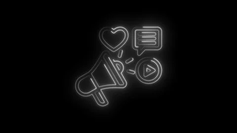 Neon megaphone heart chat bubble play button glowing animation social media Stock Footage 333959587