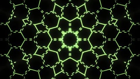 Neon mesh pattern with hexagons and moving lines. Motion. Floral luminous Illustrazione stock