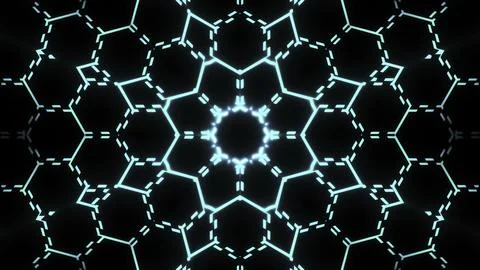 Neon mesh pattern with hexagons and moving lines. Motion. Floral luminous Stock Illustration