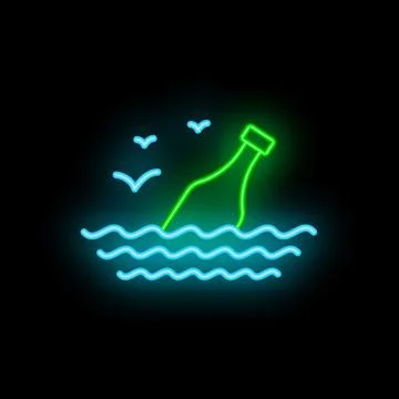 Neon message in a bottle floating on water with birds flying over it Stockillustratie