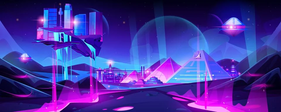 Neon metaverse tech city background with pyramid Ilustración de archivo