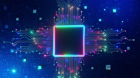 Neon Microchip on Digital Circuit Board Background Stock Footage 267668037
