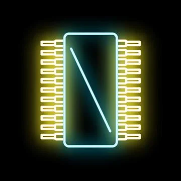 Neon microchip glowing with yellow and cyan light against a dark background Stock Illustration