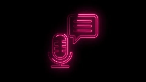 Neon microphone and speech bubble glowing pink on icon black background Stock Footage 333959104