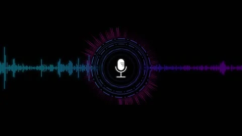 Neon microphone audio wave background glowing circular HUD rings, cyan and purpl Stock Footage 340565365