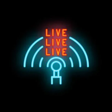 Neon microphone broadcasting live podcast or radio show Stock Illustration
