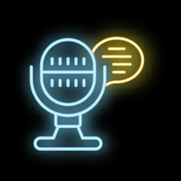 Neon microphone icon glowing with speech bubble on black background Stock Illustration