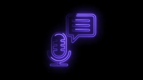 Neon microphone icon with speech bubble glowing purple on black background Stock Footage 333959097
