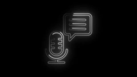 Neon microphone icon with speech bubble glowing on black background podcasting Stock Footage 333959103