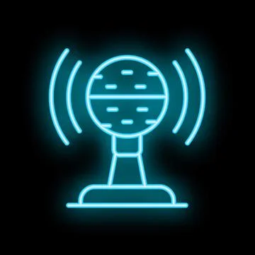 Neon microphone transmitting audio waves on a dark background Stock Illustration